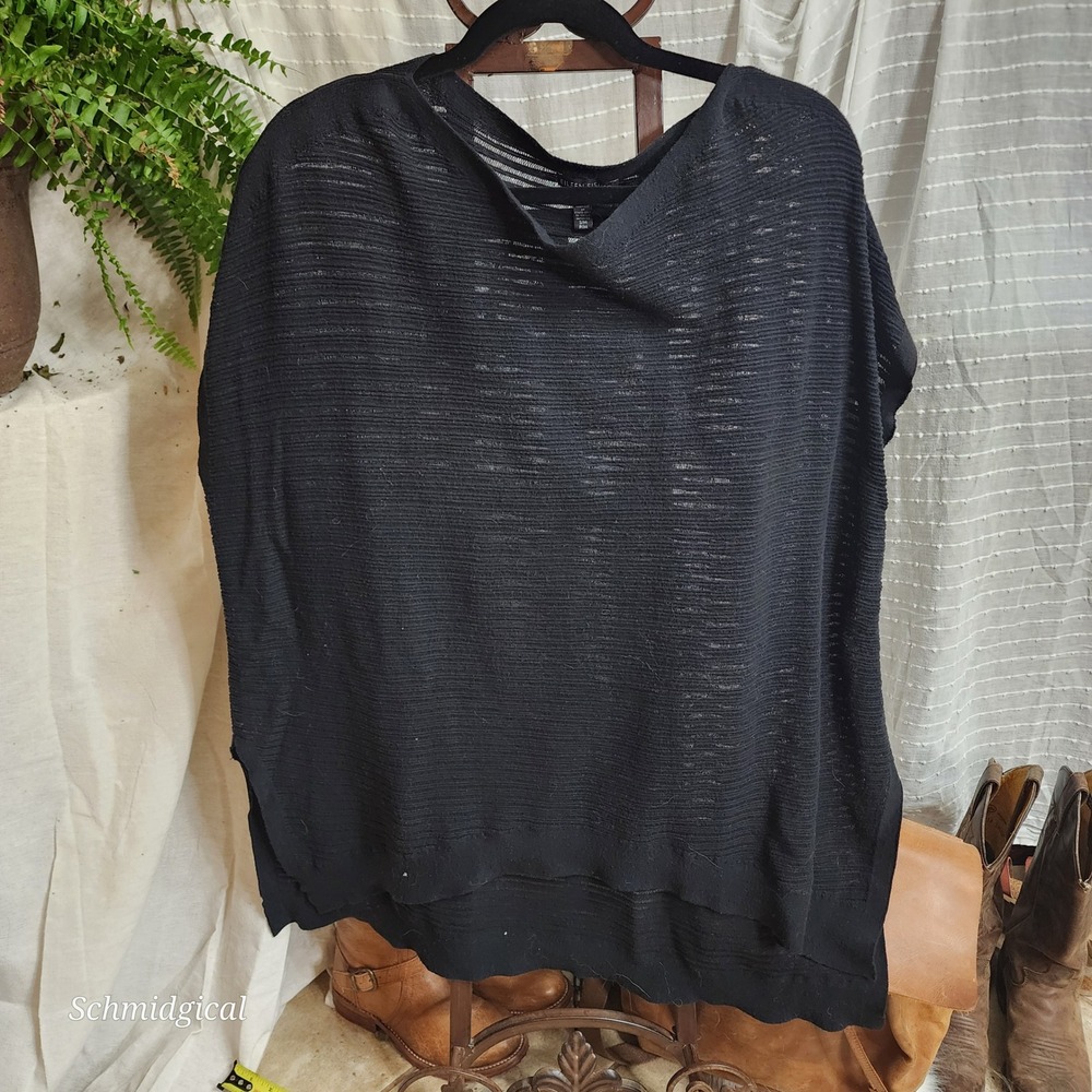 Eileen Fisher Black Organic Cotton Knit Sheer Boxy Top S/M Bateau Cap Sleeve